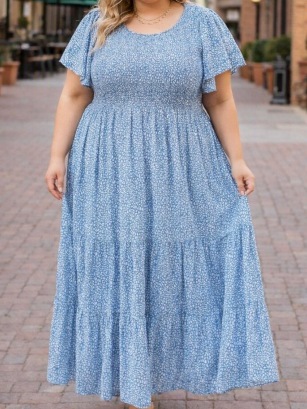 ZESICA Blue Floral Smocked Tiered Maxi Dress XL Boho Cottagecore Feminine Flowy